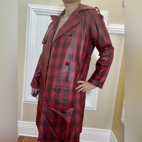 Anthropologie Red Plaid Trench Coat - Picture 4 of 9
